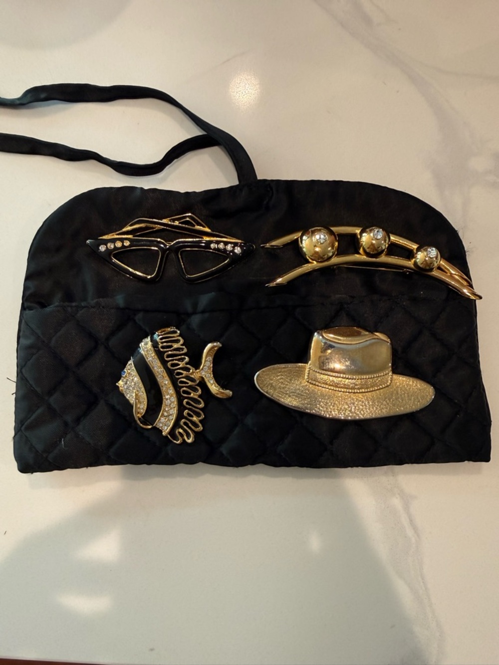 Gold Accent Brooch Set in Black Quilted Pouch